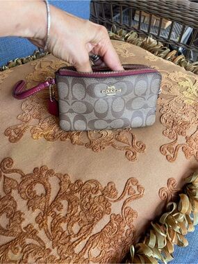 Coach Brown Signature Canvas Wristlet with Raspberry Trim